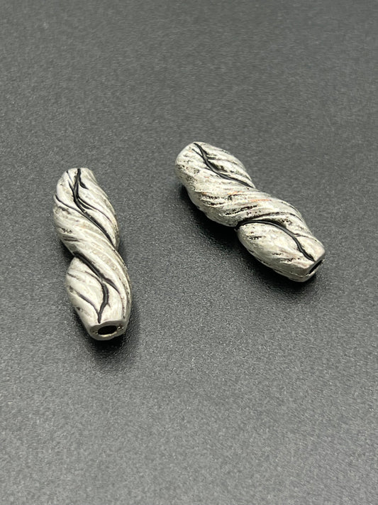 Antique Silver Plated Macaroni Beads with Rope Texture 12 Pack