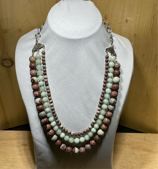 Triple Strand Gemstone Necklace W/Silver Trim