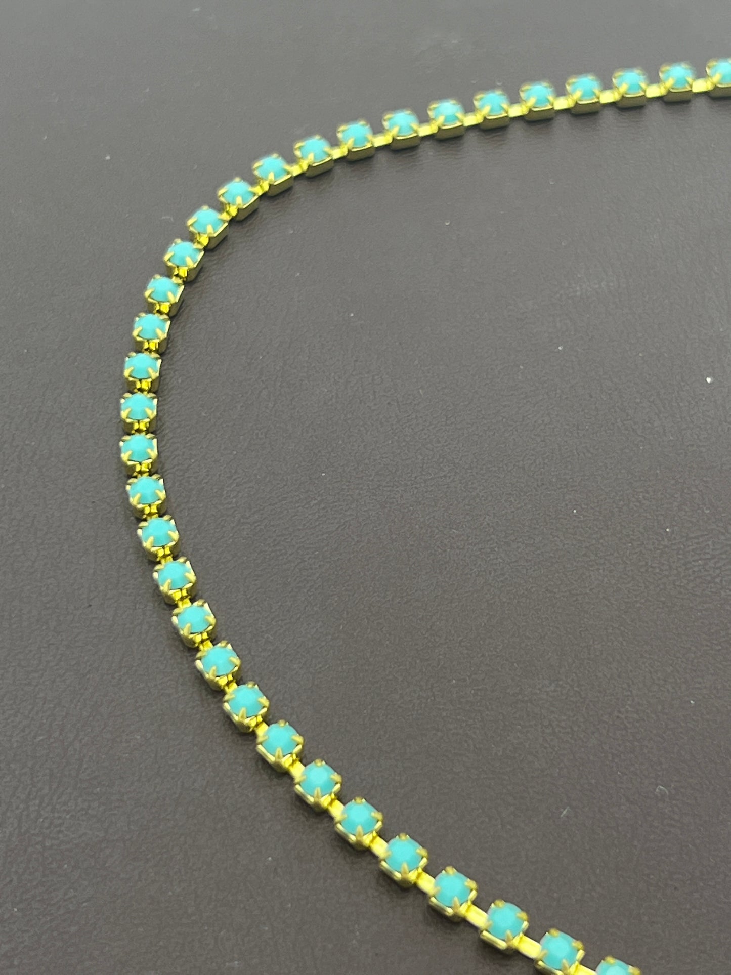 Gold Colored 3mm Turquoise Rhinestone Chain Priced Per Foot