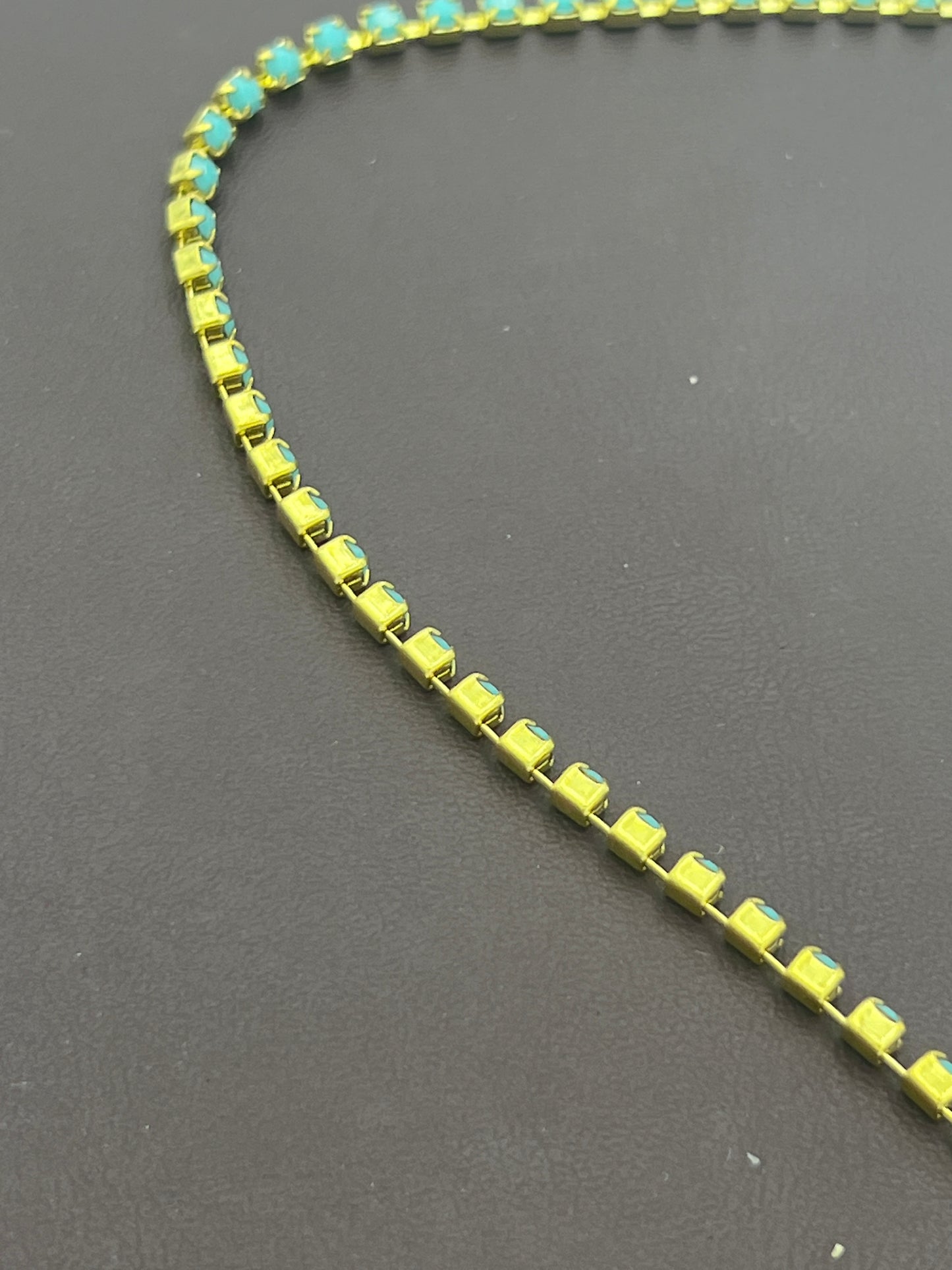 Gold Colored 3mm Turquoise Rhinestone Chain Priced Per Foot