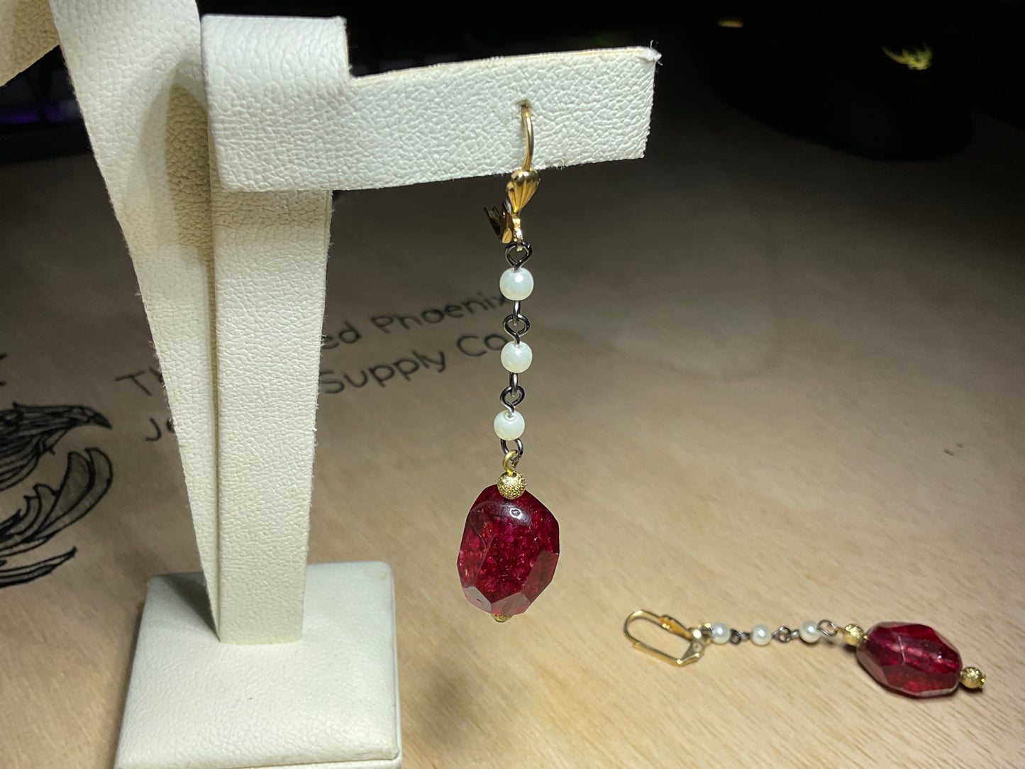 Red Gemstone and Pearl Chain W/Gold Stardust Bead Earrings