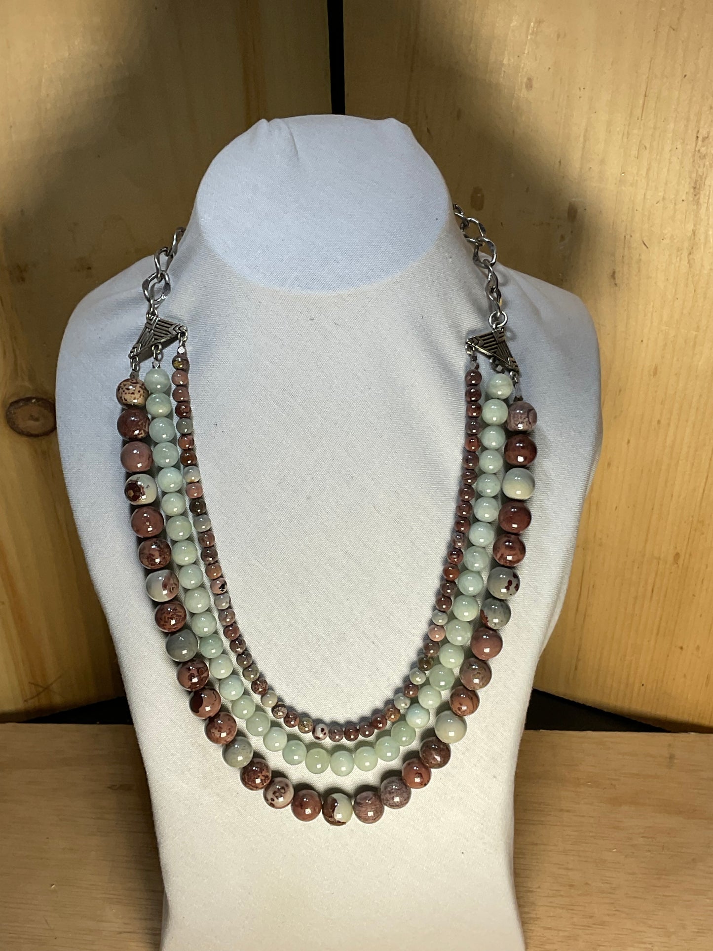 Triple Strand Gemstone Necklace W/Silver Trim