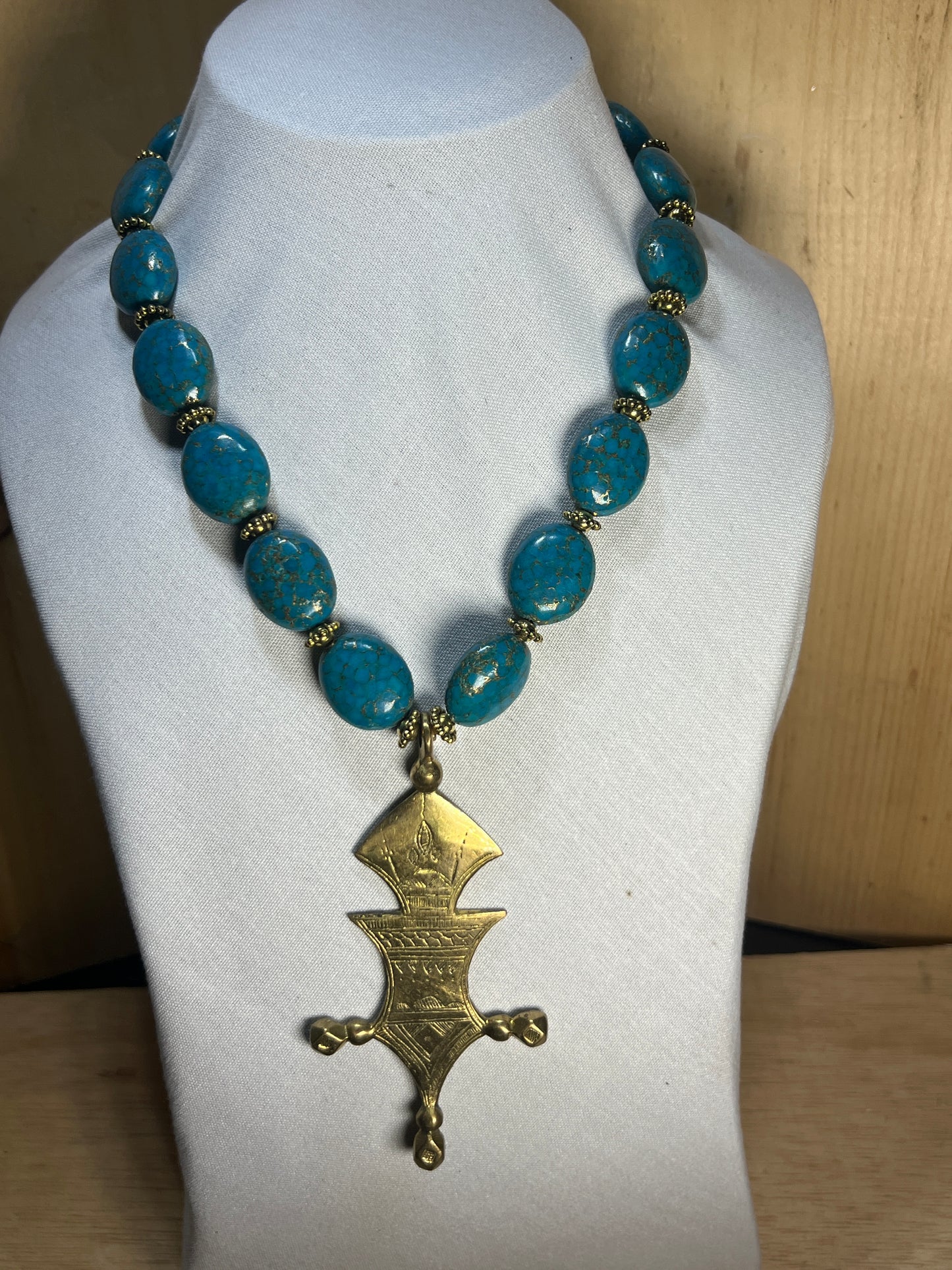 Blue and Gold Large Beaded Necklace With Large Etched Pendant