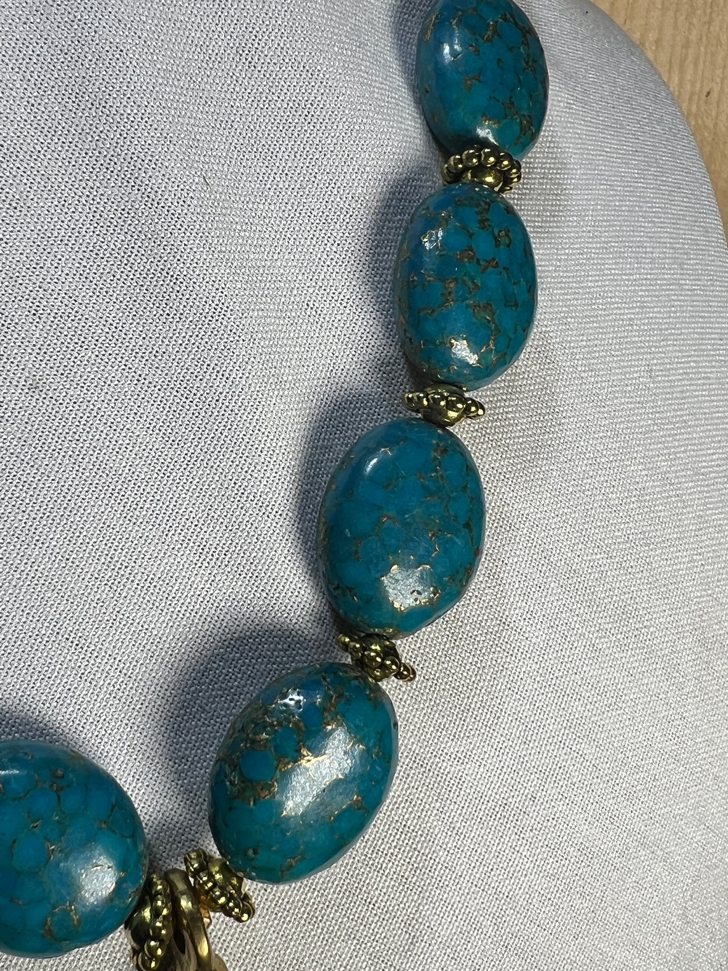 Blue and Gold Large Beaded Necklace With Large Etched Pendant