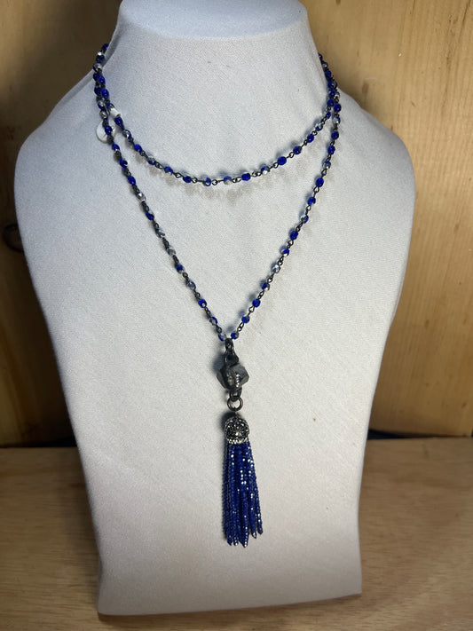 Blue Crystal Rosary Style Necklace W/Crystal Tassle