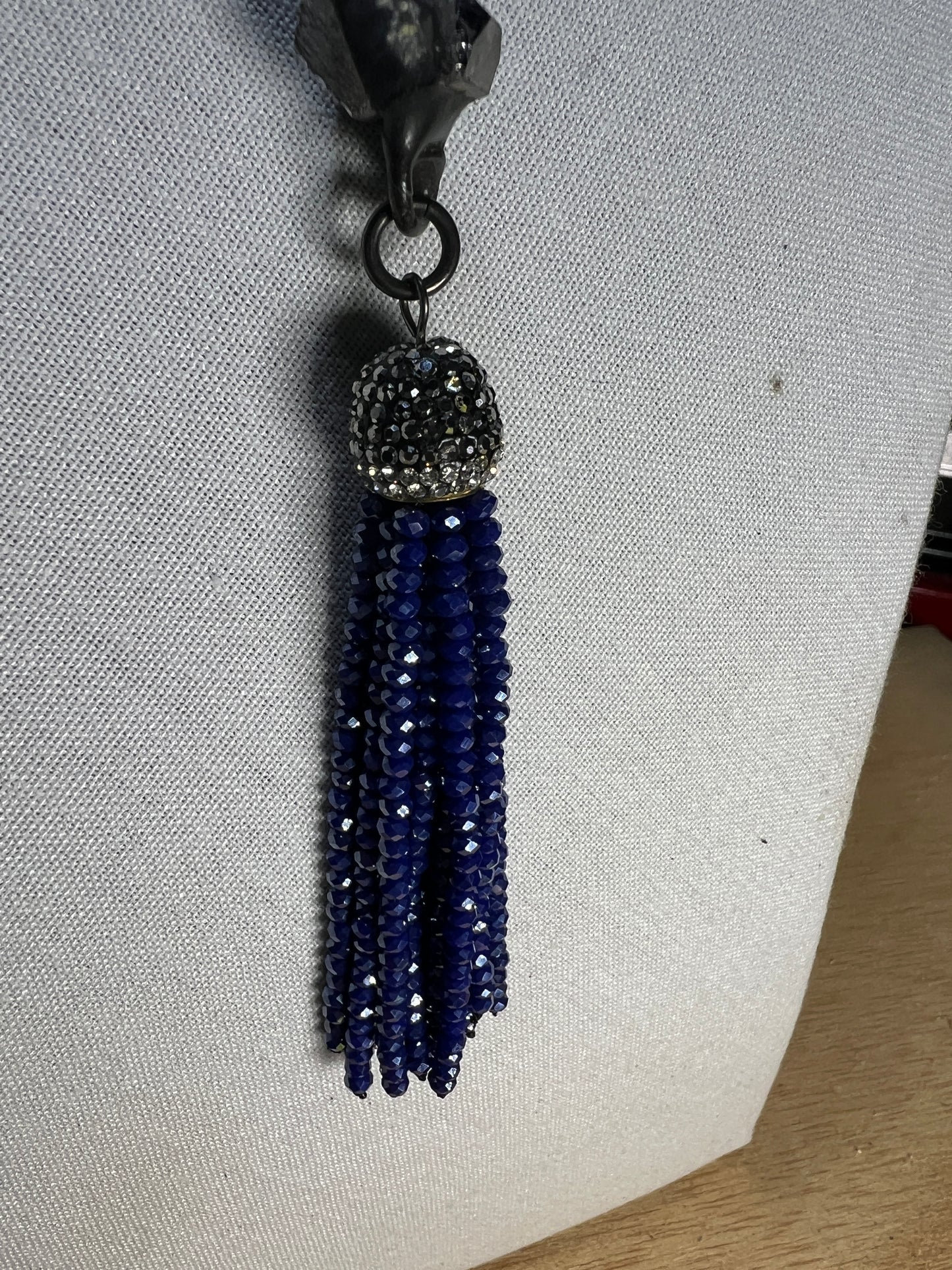 Blue Crystal Rosary Style Necklace W/Crystal Tassle