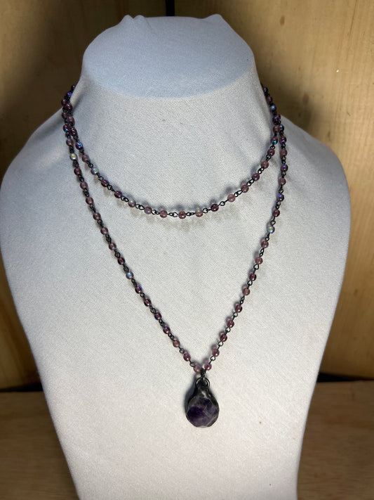 Purple Rosary Chain Style Necklace W/ Amethyst Pendant