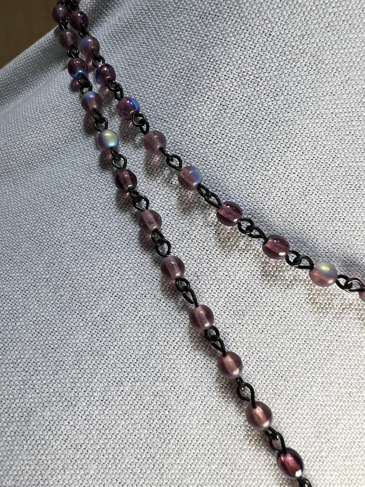 Purple Rosary Chain Style Necklace W/ Amethyst Pendant