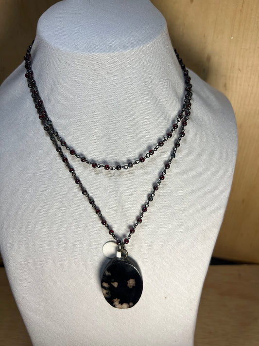 Red Crystal Rosary Chain Necklace W/Black and White Pendant