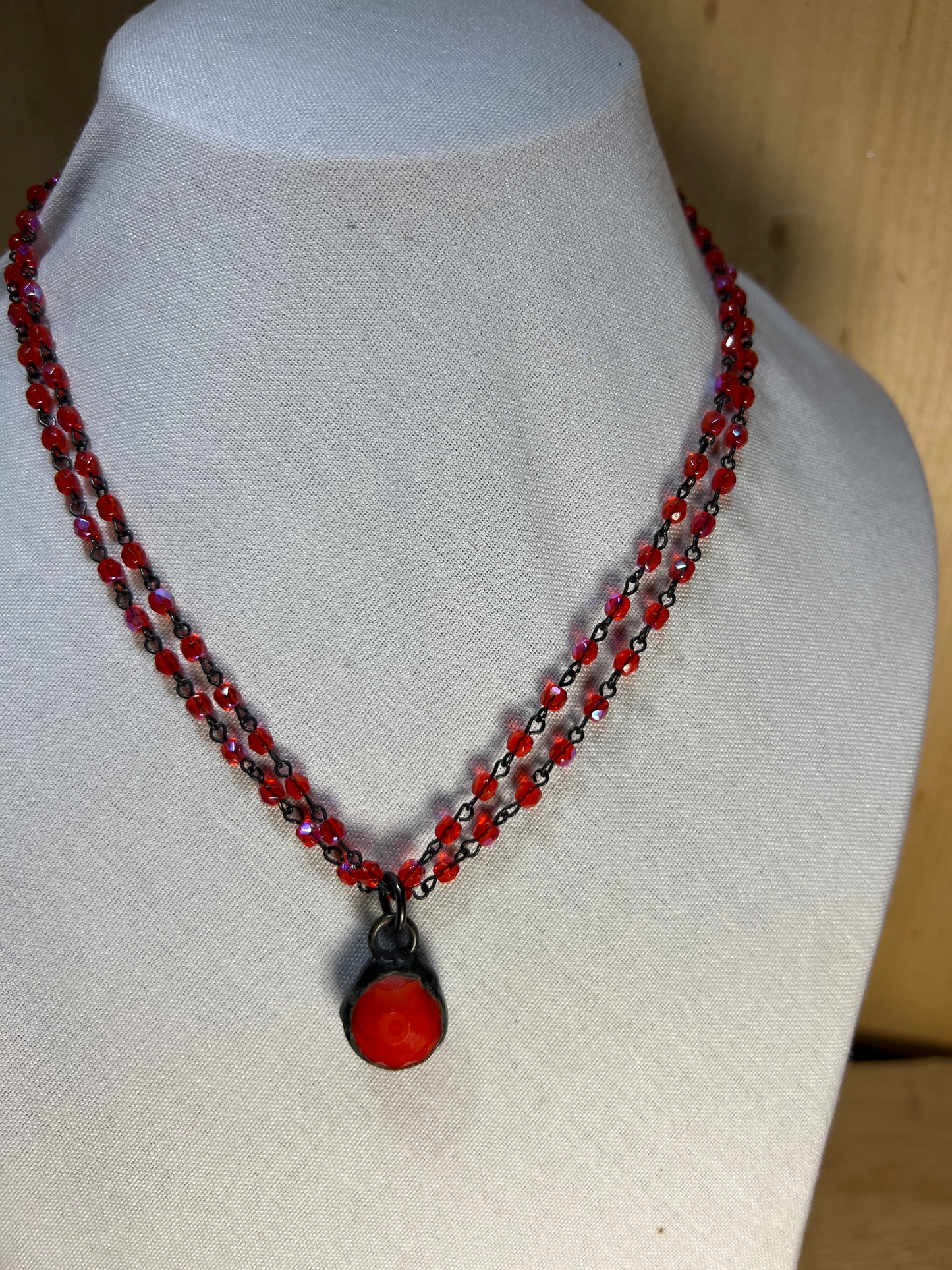 Red Double Rosary Chain Necklace w/ Red Pendant w/Magnetic Clasp