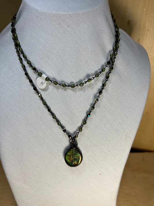 Green Rosary Chain Style Necklace W/ Green Pendant