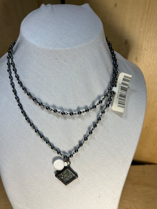 Gunmetal Colored Rosary Chain Necklace With Stardust Pendant