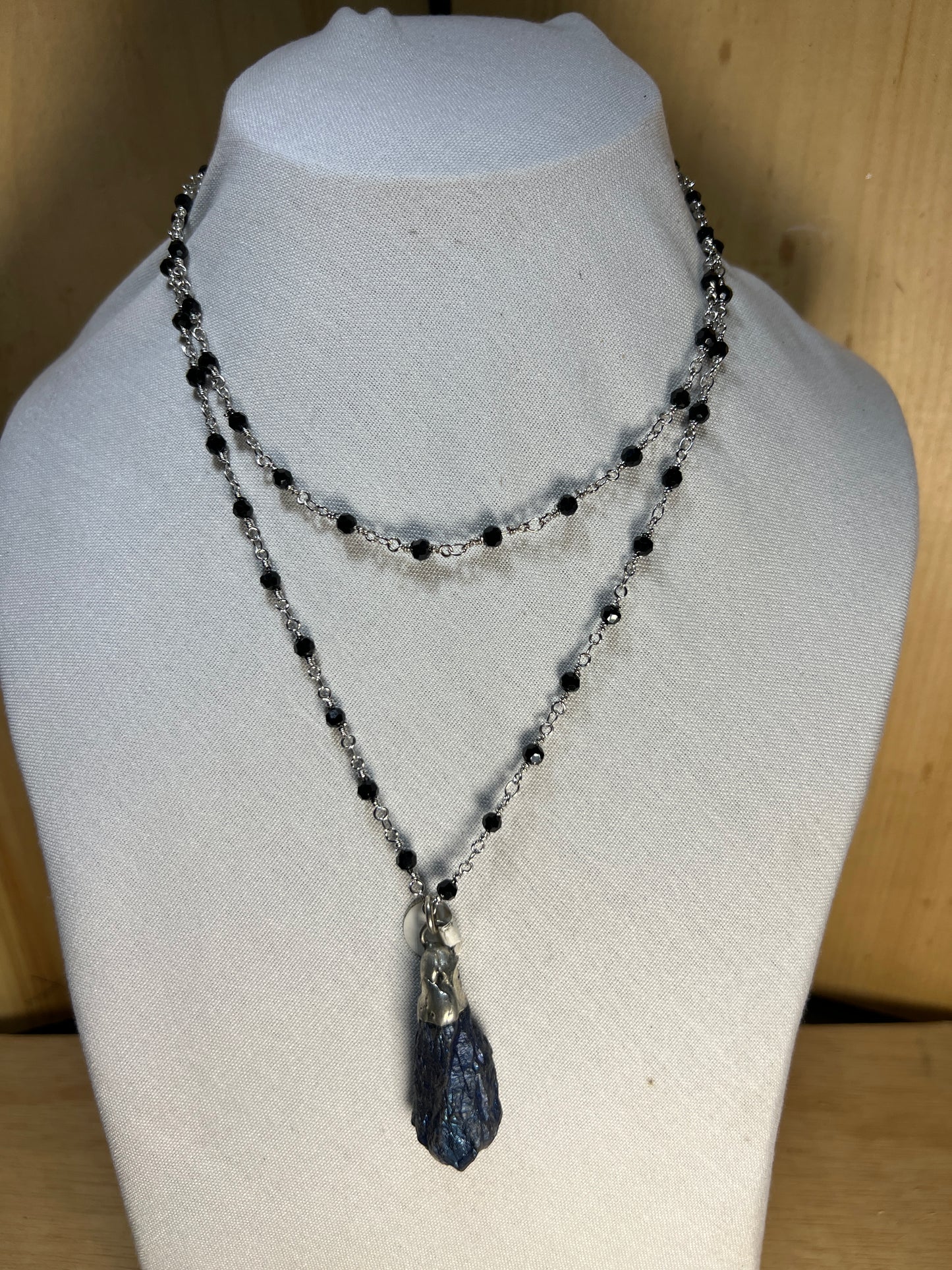 Black and Silver Rosary Chain Necklace W/ Iron Ore Pendant