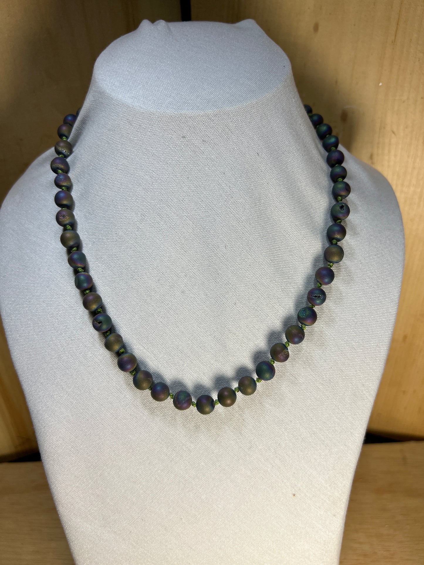 Iridescent Titanium Coated Druzy Bead Knotted Necklace With Magnetic Clasp