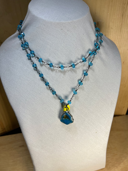 Blue and Gunmetal Rosary Chain Necklace With Blue Gemstone Pendant