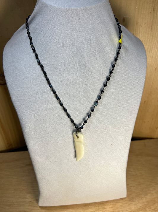 Blue Rosary Chain Style Necklace With Bone Tooth Pendant