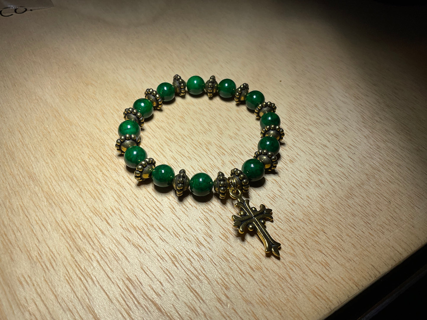 Green and Antuque Gold Bracelet w/Antique Gold Cross