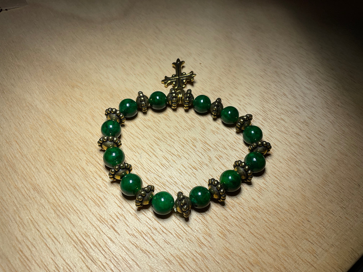 Green and Antuque Gold Bracelet w/Antique Gold Cross